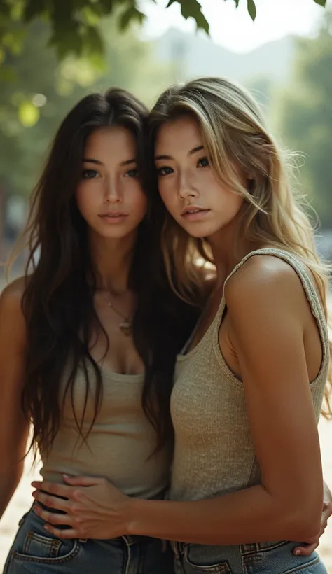 35mm Film、, a woman with long dark hair and long brown hair, and a 々 woman with blond mesh walking arm in arm、The eyes are on the photographer 