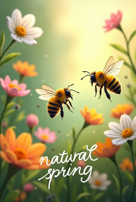 an image where there are two bees And also anywhere a word that says "natural spring "