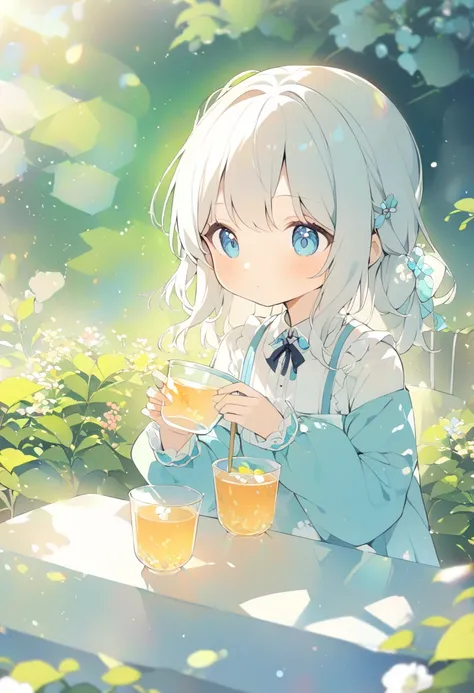 1 girl、 flavored tea、Clear pot 、Transparent cup、Drinking tea(in the garden)、Clothes that look like Alice