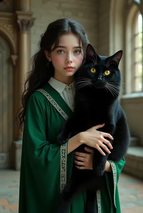 Girl in the Hogwarts uniform from the Slytherin house and a big black cat in her hands.