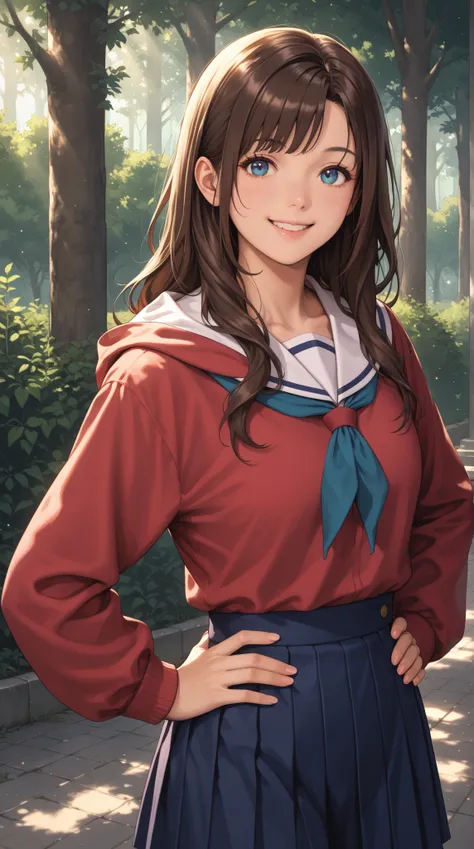 A girl, Imari Kurumi, hood friend, cute, gentle, friendly, long hair, brownish hair, high school uniform, smiling, outdoor morning scene, soft sunlight, warm atmosphere, energetic, hands on hips, protagonist-like aura, detailed facial expression::1.5