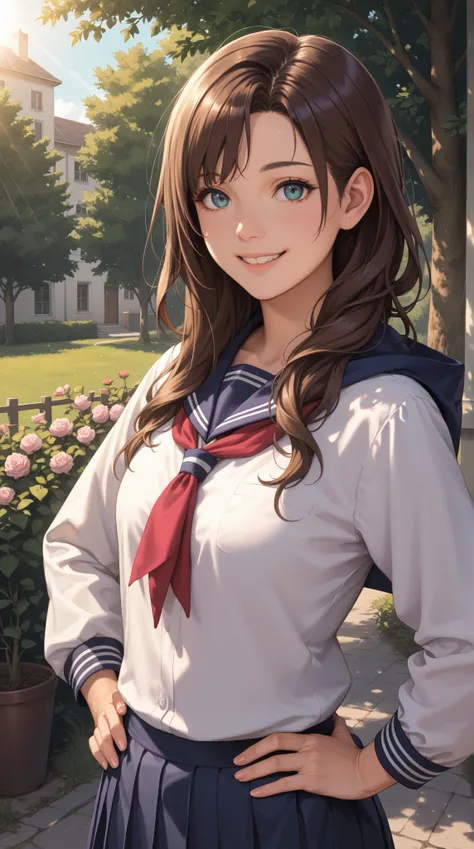 A girl, Imari Kurumi, hood friend, cute, gentle, friendly, long hair, brownish hair, high school uniform, smiling, outdoor morning scene, soft sunlight, warm atmosphere, energetic, hands on hips, protagonist-like aura, detailed facial expression::1.5