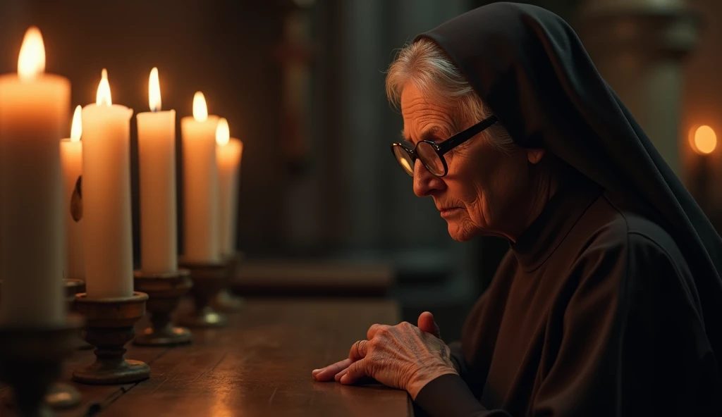 Sister Lúcia ,  a realistic 60-year-old human woman ,  with calm features and eyes protected by sturdy glasses ,  she kneels before the altar with an expression of deep introspection .  Wearing the brown habit and black veil that completely envelops her , ...