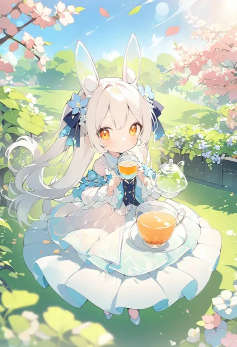 1 girl、 flavored tea、Clear pot 、Transparent cup、Drinking tea(in the garden)、Magician-like clothes、 rabbit ear 