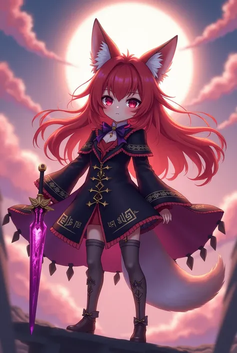 "Anime fantasy background sky, a small wolf girl with red eyes ling hair and white tail and ear hair. She wears an elegant adventurer outfit in black and red with leg accesories, with her right hand holding a sword purple. Her expression is calm, cool, and...