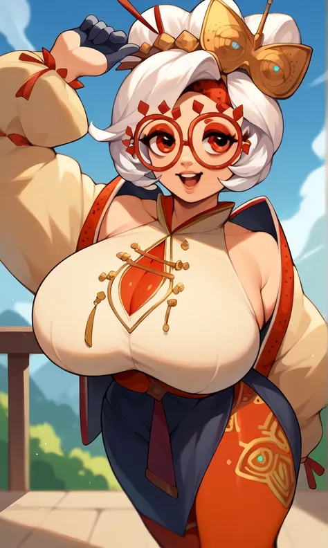 score_9, score_8_up, score_7_up, score_6_up, score_5_up, score_4_up, (source_anime), purah, 1girl, huge breasts, narrow waist, thick thighs, hair ornament, red headband, red glasses, sleeveless shirt, white coat, black skirt, red leggings, gloves, high hee...