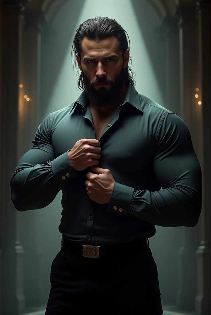 
**  Masterpiece,   Masterpiece. 
 the environment is bathed in soft white light that casts long shadows around the  **luxurious mansion **. ** He is fixing the sleeves of his shirt .**,  the scene is dominated by a   ** Tall muscular man **.   His body is...