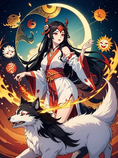 Japanese Mythology、Sun God、goddess、 Amaterasu wolf 、Amaterasu Omikami、 black hair、 red lips、 descends to earth with the sun on its back、Simple white coat 、 shining magatama necklace 、 mirror that imitates the sun shining on its forehead 