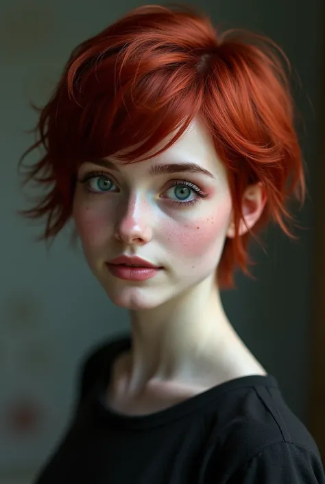 Create short hair like Alice Cullens for a female teenager, with the only difference that her hair color is red-haired in addition to very white skin, blue eyes and a raised nose. (Appearance from 13 to (