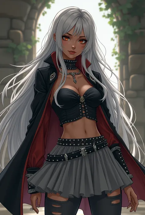 Beautiful anime nyxian girl, fashionable, comfortable clothes, dark gray ripped pants, silver tulle skirt, spiked collar, studded and buckled belt, 4k, high graphics, high quality, best quality, high resolution, sharp jawline, dark lips, silver hair with r...