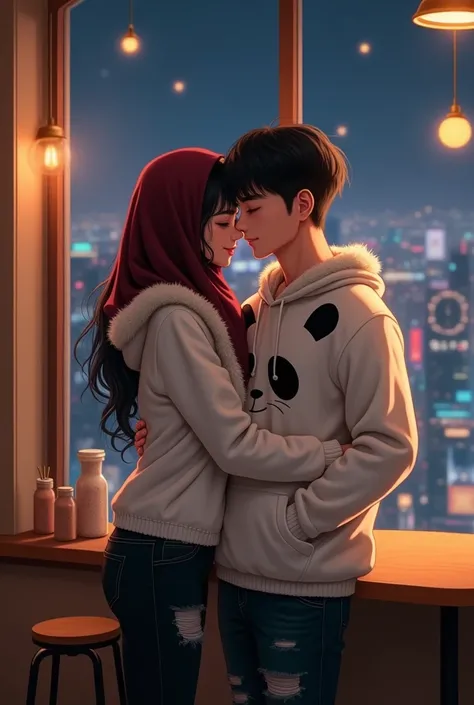  a beautiful black haired korean woman  pakai hijab grading maroon red  ,  wears a white hoodie motif panda with fluffy fur inscribed RA , black jeans torn motif . is hugging a handsome Korean young man with short hair neat ,  background in a 5th floor caf...