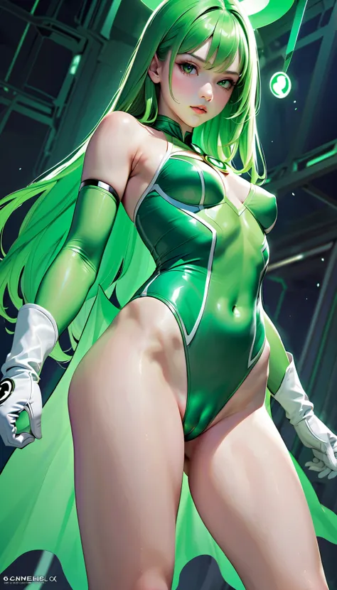 A girl cosplaying as Green Lantern, Green Lantern, green aura,  (green leotard,  white gloves), bare legs, pretty girl, long hair, thin girl, small breasts, thin waist, thin legs, gap between thighs, from the front, (cameltoe:1.2), (cowboy shot), best qual...