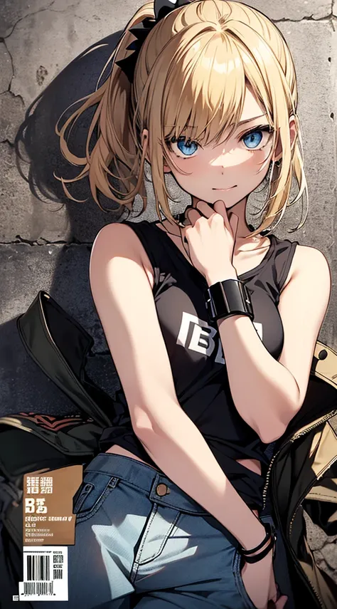 最 High Quality 、 highest image quality taken by Ki、​masterpiece、With a girl((18 years old、Tattered clothes、 black navy tank top、 white pants、 best bust 、、Blonde、 Disheveled Ponytail、 blue eyes、 open their chest wide 、 happy、 Chain Accessory、Wear a black wr...