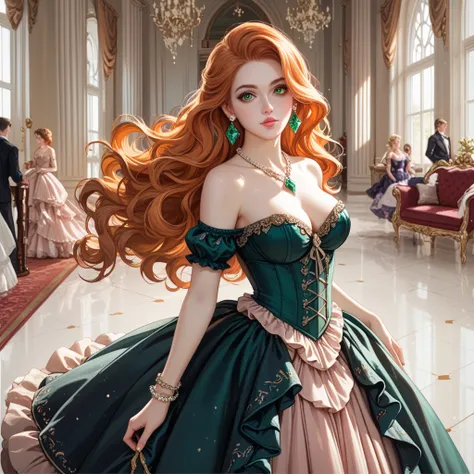 Young woman, 23 years old, English, long and delicate face, upturned nose, very long slightly wavy orange hair, elongated emerald green eyes, pink lips, pale skin, large, thin breasts. She wears an elegant ORANGE Victorian ball gown with a long, full skirt...