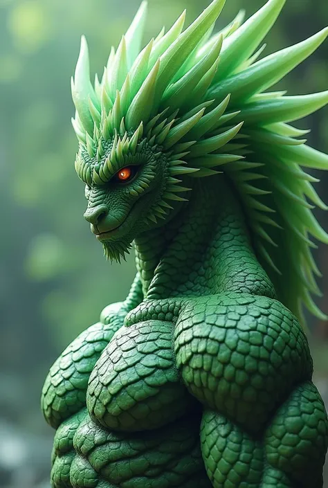  Create an image of yamato no orochi in its hybrid form but having only 1 human head with only a full face and hair and light green on the strong green tips of yamata, The body of a human with green scales and it is very powerful and strong 