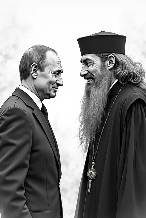 risident putin and tall beard young prist/classic sketch style/black andb white menga/smiling/fantasy