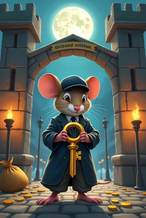 Digital illustration of a mouse holding a large golden key with the word "success" written above it. the mouse is standing in front of a stone archway with two towers on either side. the archway is decorated with a banner that reads "success" and there is ...