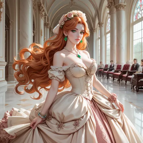 Young woman, 23 years old, English, long and delicate face, upturned nose, very long slightly wavy orange hair, elongated emerald green eyes, pink lips, pale skin, large, thin breasts. She wears an elegant ORANGE Victorian ball gown with a long, full skirt...