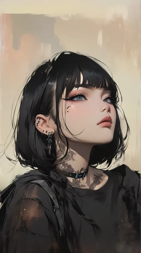  of a woman with tattoos and piercings on her neck, detailed portrait of an anime girl,  stunning anime face portrait , Beautiful anime portrait,  anime-style illustration , detailed and beautiful portrait,  A beautiful artwork illustration ,  she has blac...