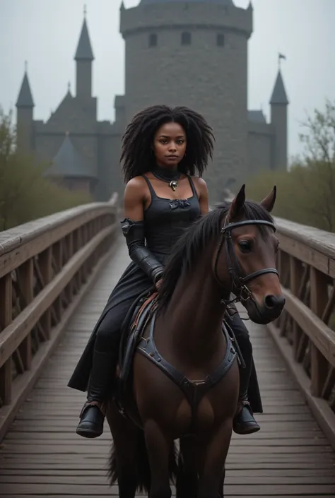  I would like to create the cover of a medieval fantasy book where there will be a princess with brown skin and very curly black hair,  wearing a black dress ,  riding a black-haired horse , crossing an old wooden bridge ,  where under the bridge , And in ...