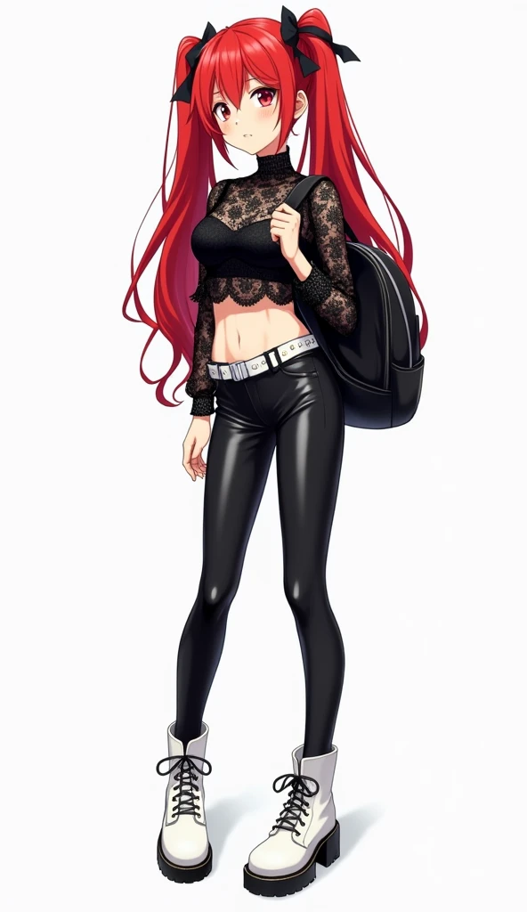 Anime girl with long red hair and two pigtails,  dressed in a black floral lace blouse ,  tight black leather pants and white ankle boots with details .  She wears a white belt with studs and a black backpack over her shoulder. Modern and daring style ,  w...