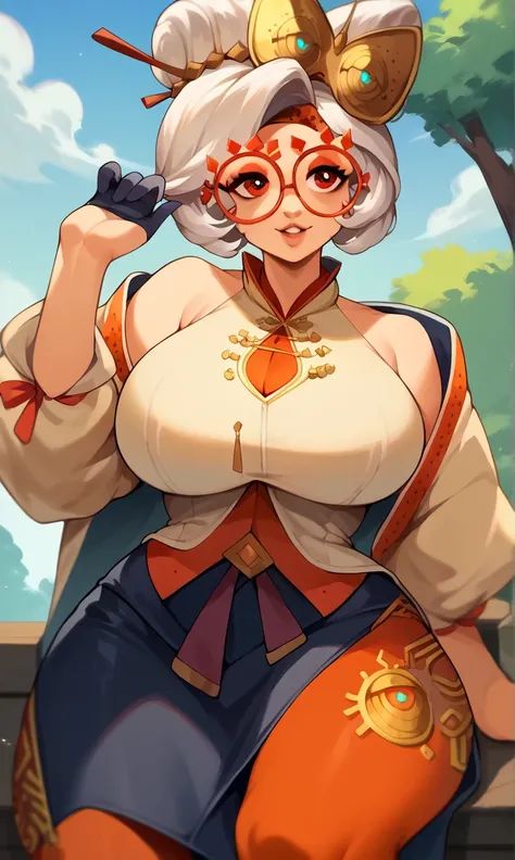 score_9, score_8_up, score_7_up, score_6_up, score_5_up, score_4_up, (source_anime), purah,
1girl,  huge breasts, narrow waist, thick thighs,  hair ornament, red headband, red glasses, sleeveless shirt, white coat, black skirt, red leggings, gloves, high h...