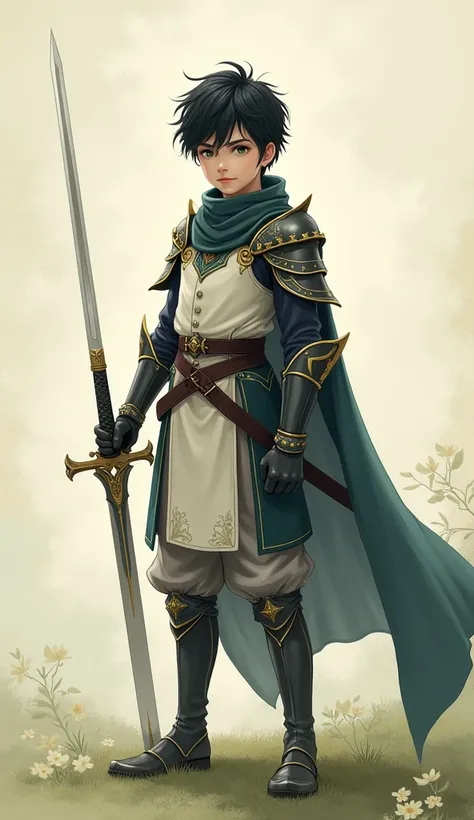  Picture of a dark brown-haired boy,  green eyes, Perfect face and features, standing holding his favorite sword ,  wearing light black and white armor , cores pastel, e tons.