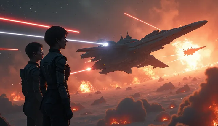 "Space battle scene with futuristic human and alien warships clashing in a fiery, chaotic battlefield. A determined female commander with short dark hair and a human medic at her side, both in military gear, overseeing the action. Explosions and laser beam...