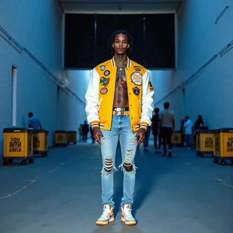 subtle blue tint vibrant medium shot with a Leica M10, of a very tall light brown skinned african american male standing in the middle of a wide arena backstage corridor. the walls are a white brick and there are event crates on rollers placed against the ...