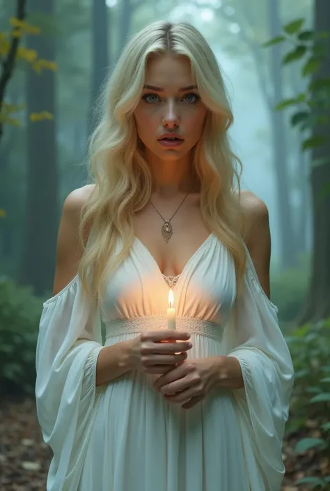 A blonde with a scared face in a white dress with a candle in her hand without fire  