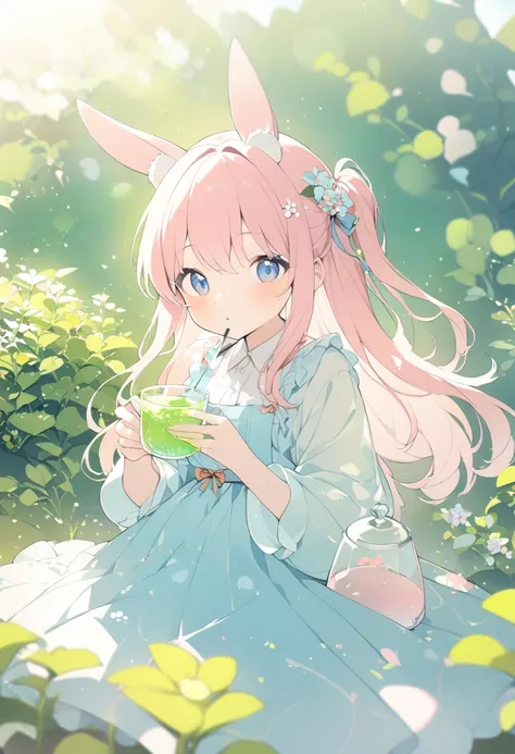 1 girl、 flavored tea、Clear pot 、Transparent cup、Drinking tea(in the garden)、 rabbit ear 、pink and light blue clothes