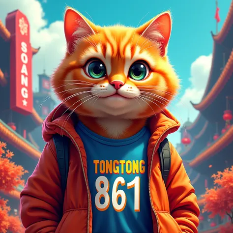 Make a picture of an orange cat, put on a cool graphic shirt. The picture is colorful. Put the big word “tongtong 861” in the picture. 
