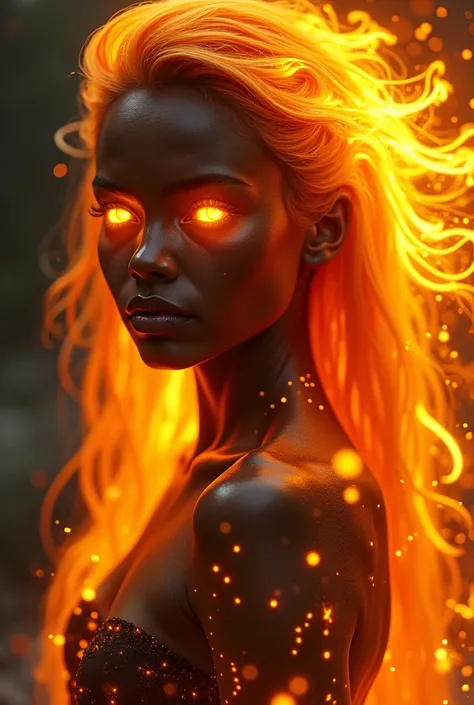 Create a beautiful teenage girl with burning hair, beautiful mutant, long hair up, pure fire, flaming eyes, black skin. 
