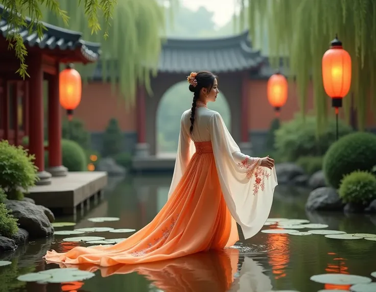 A serene and serene macro photo of a young woman wearing a traditional Chinese garden orange and white dress. Combining elements such as a pool with lily plates, a stone bridge and traditional Chinese architecture with a curved roof. Surrounding the scene ...