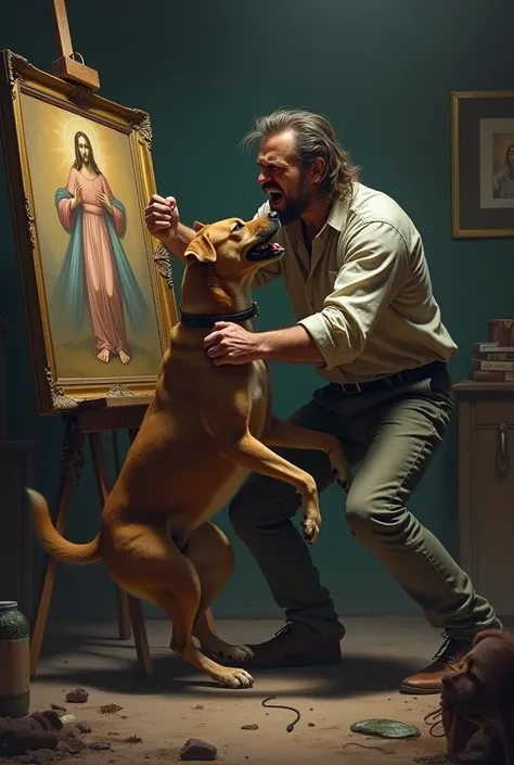 A man beats a dog because it painted a picture of Jesus