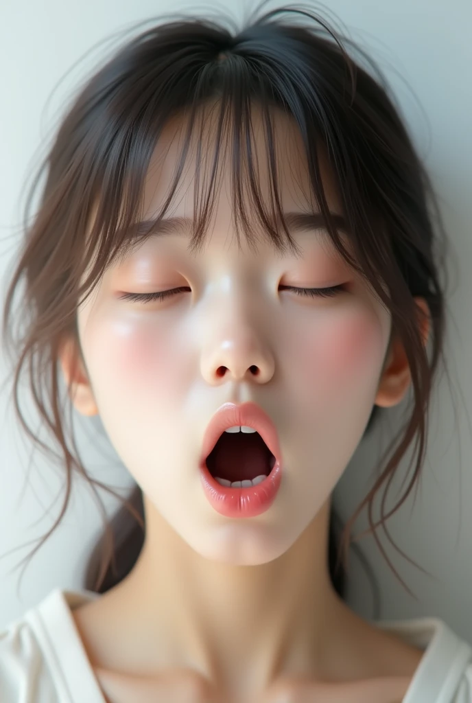    super high definition  。  reality。A headshot of an asian teenage girl with brown hair。 straight hair。 Surprised, she closed her eyes tightly and opened her mouth wide。Pure White Room