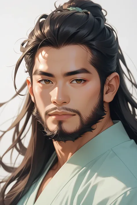 Asian man with long hair and a lot of beard wearing light green work clothes 、Asian man with long hair and a lot of beard 。 has a white gel sheet on his forehead。