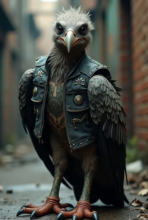 Create a tattooed vulture with motorcycle vest