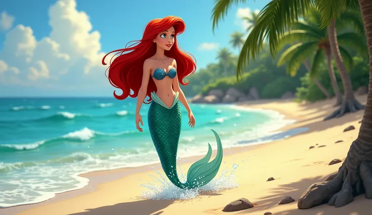 Red-haired mermaid walks on the beach disney