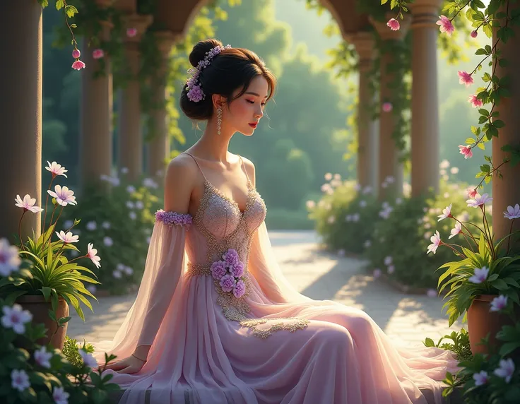 A beautiful Chinese girl, bun, wearing a luxurious beaded dress adorned with pastel purple flowers. She sits luxuriously in a lush garden, surrounded by blooming flowers, plants and classic stone arches. The scene is illuminated by a natural warm night lig...