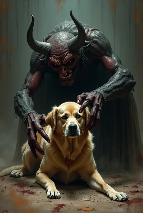 A dog is beaten by a devil because it painted a picture of Jesus