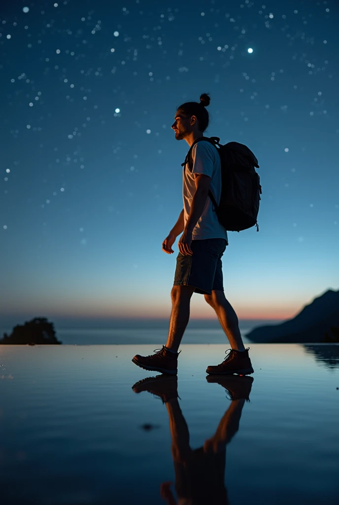  30-year-old young man , Hair tied in a bun, leather hiking shoes,  shorts , backpack, walking to the left of the image , view profile,  it is on a mirrored surface that extends to the horizon and that reflects the starry night sky on the ground.
