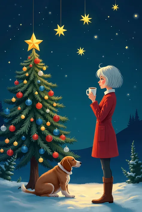 One night with 3 bright stars ,  a very colorfully decorated Christmas pine tree ,  a woman of medium build on her back seeing the stars with short hair colored white with gray on one side a dog based hound,  she is drinking a cup of coffee  