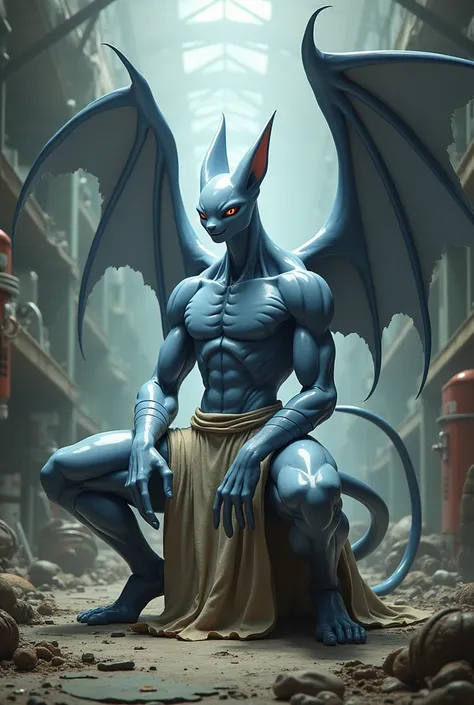 humanoid mewtwo long tail, muscled, broken lab background, big wings, sitting down, smiling, loincloth