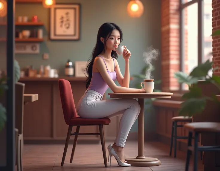 Chinese girl with sweet smile wearing light purple leggings white jeans wearing white high heels sitting drinking coffee in cafe