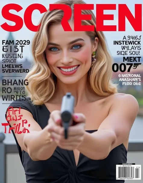 Magazine front cover " Screen " written in middle Red decoration letters at the upon the screen, writing word "next 007 " writing black letter under screen , Font view, cowboy shot, Margot Robbie, smile , middle cut, golden hair, Chanel design earing, Blac...