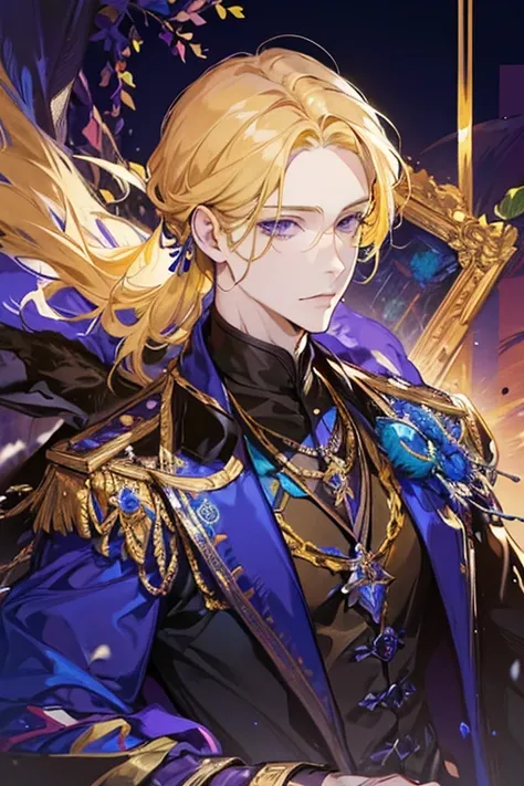 1 man,  good-looking, Cool , Renaissance , Middle Ages, Grand Duke of the North , 40 years old, Yellow hair,  purple eyes, peacock,  sharp eyes , emperor,