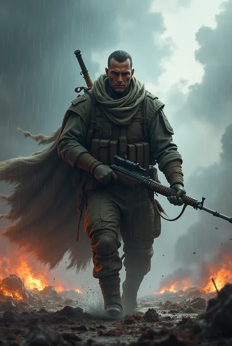 A soldier in the storm war of the true one in combat