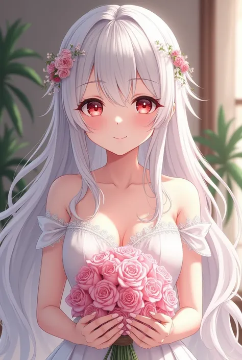 Anime girl sexy body white silver hair very red eyes with white wedding dress and beautiful dress in England about to get married holding with her two hands a bouquet of pink flowers long hair big breasts very beautiful 