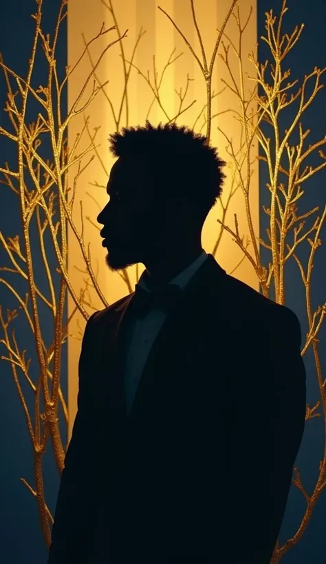 A silhouette of an elegant afroamerican male figure in backlight, with golden and deep blue tones in the background. Abstract golden elements form stylized lines or natural patterns like branches, evoking a mysterious and sophisticated atmosphere.